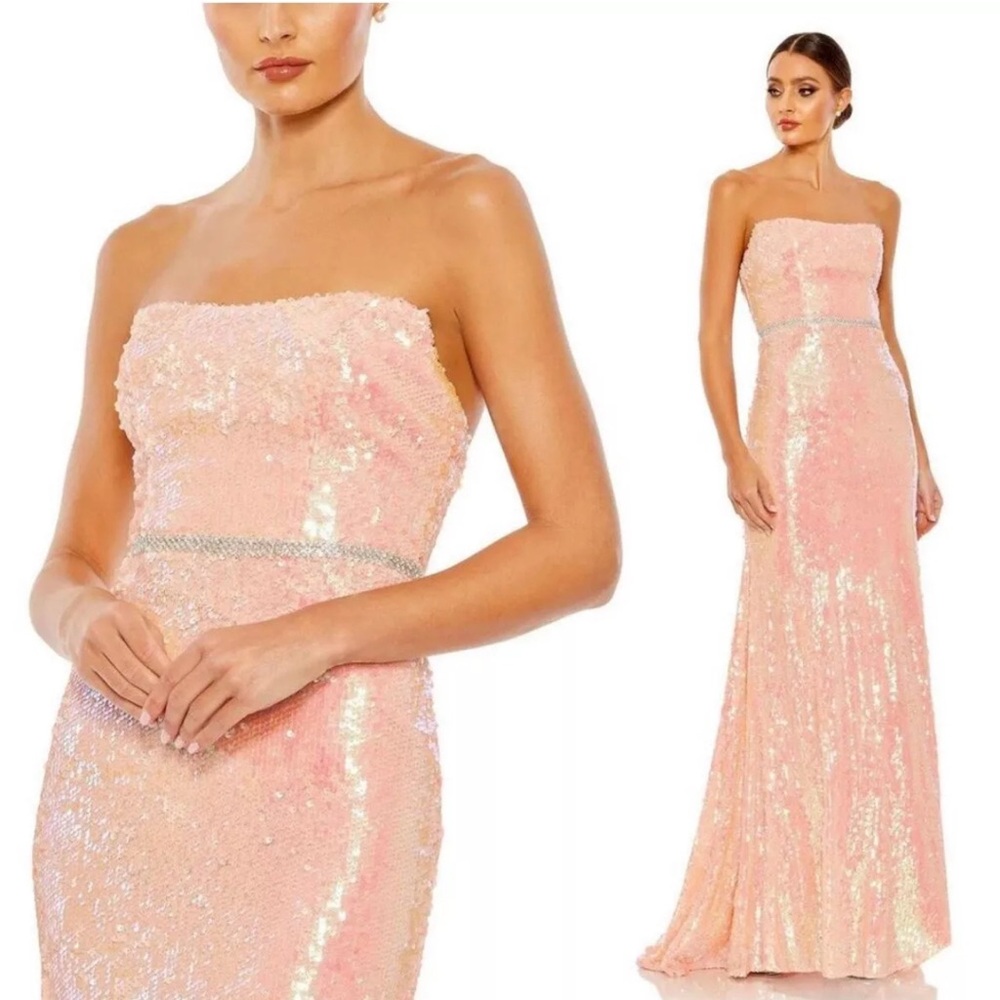 Mac Duggal 26980 Sequined Strapless Rhinestone Belt Gown Coral $398 MSRP Size 12